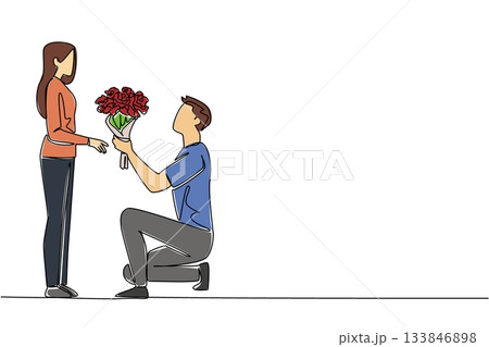 Continuous one line drawing a man kneeling while giving a bouquet of flowers to a woman. The long awaited moment. True love. Bring Flowers To Someone Day. Single line draw design vector illustration Continuous one line drawing a man kneeling while giving a bouquet of flowers to a woman. The long awaited moment. True love. Bring Flowers To Someone Day. Single line draw design vector illustration 133846898