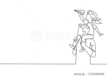 Single one line drawing father carrying his daughter on his shoulders and the child holding a paper airplane. Made a toy plane. International Day of Boys. Continuous line design graphic illustration 133846906
