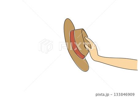 Single continuous line drawing hand holding straw hat. Unisex accessory. Sun protection during vacation. Long weekend holiday. Enjoyable. Fashion. Straw Hat Day. One line design vector illustration 133846909