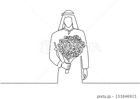 Continuous one line drawing arab man holding bouquet of flowers posing as if he wants to give the flowers. Sincerity of love. Bring Flowers To Someone Day. Single line draw design vector illustration 133846915