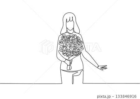 Single continuous line drawing woman holding a bouquet of flowers posing as if she wants to give the flowers. Romantic atmosphere. Bring Flowers To Someone Day. One line design vector illustration 133846916