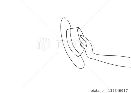 Single continuous line drawing hand holding straw hat. Unisex accessory. Sun protection during vacation. Long weekend holiday. Enjoyable. Fashion. Straw Hat Day. One line design vector illustration 133846917