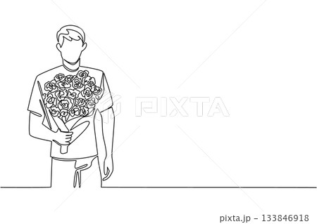 Single continuous line drawing man holding bouquet of flowers posing as if he wants to give the flowers. Sincere apology. Great love. Bring Flowers To Someone Day. One line design vector illustration 133846918