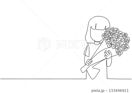 Continuous one line drawing a girl carrying a bouquet of flowers. Very beautiful red roses for mother. Fragrance and beauty. Bring Flowers To Someone Day. Single line draw design vector illustration 133846921