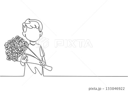 Single continuous line drawing a little boy carrying a bouquet of flowers. Friendship. Peace. Soothe of sorrow. Emotional bonds. Bring Flowers To Someone Day. One line design vector illustration Single continuous line drawing a little boy carrying a bouquet of flowers. Friendship. Peace. Soothe of sorrow. Emotional bonds. Bring Flowers To Someone Day. One line design vector illustration 133846922