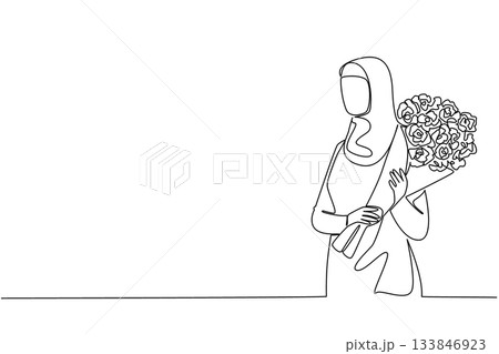 Single one line drawing an Arabian woman carrying a bouquet of flowers. Red roses are a sign of love for a legitimate partner. Bring Flowers To Someone Day. Continuous line design graphic illustration Single one line drawing an Arabian woman carrying a bouquet of flowers. Red roses are a sign of love for a legitimate partner. Bring Flowers To Someone Day. Continuous line design graphic illustration 133846923