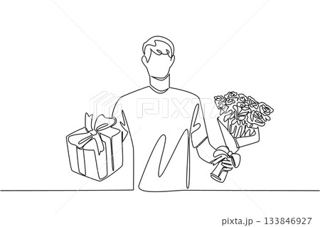 Single one line drawing a man in casual clothes holding a bouquet of flowers and a gift. A special gift on a special day. Bring Flowers To Someone Day. Continuous line design graphic illustration 133846927