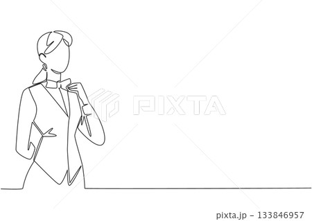 Single one line drawing woman wears a waitstaff uniform holds bow tie with one of hands. Selected as the best employee of the year. National Waitstaff Day. Continuous line design graphic illustration Single one line drawing woman wears a waitstaff uniform holds bow tie with one of hands. Selected as the best employee of the year. National Waitstaff Day. Continuous line design graphic illustration 133846957