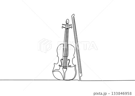 Single continuous line drawing violin standing position with bow at side. A melodious musical instrument. Beautiful melody when played. Classical. World Fiddle Day. One line design vector illustration 133846958