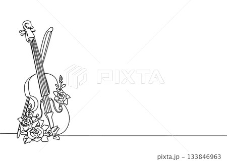 Single continuous line drawing the violin is in a standing position with flowers around it. Heart touching romantic music. Symbolism. Melody. World Fiddle Day. One line design vector illustration 133846963
