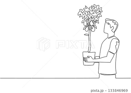 Continuous one line drawing a man holding a lemon tree in a pot that is already bearing fruit. Examples of successful cultivation. Plant a Lemon Tree Day. Single line draw design vector illustration 133846969