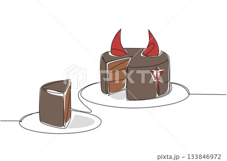 Single continuous line drawing food cake of devil cut with horn topping. A darker, denser cake with a sweeter taste. Culinary. Event. National Food of Devil Cake. One line design vector illustration 133846972