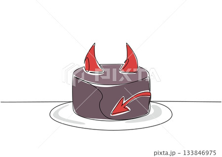 Continuous one line drawing food of devil cake with horn topping and tail on the side. The deliciousness behind the density. National Food of Devil Cake. Single line draw design vector illustration 133846975