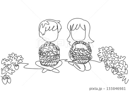 Single one line drawing a girl and a boy sitting in the garden holding a basket. Small garden with abundant harvest. Sweet. National Pick Strawberries Day. Continuous line design graphic illustration 133846981