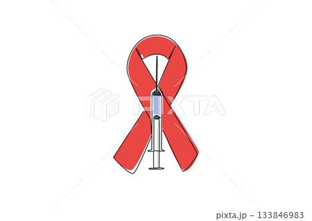 Single continuous line drawing injection with red ribbon background symbol of AIDS. One solidarity to fight deadly HIV virus. National HIV Vaccine Awareness Day. One line design vector illustration 133846983
