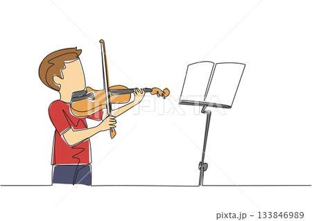 Single continuous line drawing a little boy playing the violin in front of the note stand. First day of the course. Soaking up every note. Sound. World Fiddle Day. One line design vector illustration Single continuous line drawing a little boy playing the violin in front of the note stand. First day of the course. Soaking up every note. Sound. World Fiddle Day. One line design vector illustration 133846989
