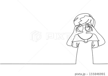 Continuous one line drawing a boy holds strawberry in both hands and puts it in front of eyes. Telling about favorite fruit. National Pick Strawberries Day. Single line draw design vector illustration 133846991