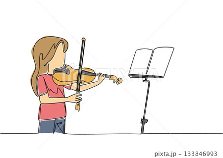 Continuous one line drawing a girl playing the violin in front of the note stand. Study and absorb. Basic tone. Exciting performance. World Fiddle Day. Single line draw design vector illustration Continuous one line drawing a girl playing the violin in front of the note stand. Study and absorb. Basic tone. Exciting performance. World Fiddle Day. Single line draw design vector illustration 133846993