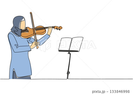 Single one line drawing an Arab woman playing the violin in front of the note stand. The first solo concert by a Muslim woman. Excited. World Fiddle Day. Continuous line design graphic illustration 133846998
