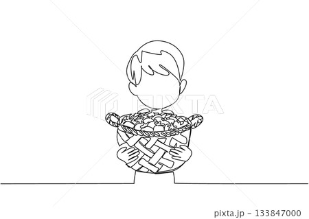Single continuous line drawing a boy holding a wicker basket filled with strawberries. Happy during harvest season. Healthy. Sweet. National Pick Strawberries Day. One line design vector illustration Single continuous line drawing a boy holding a wicker basket filled with strawberries. Happy during harvest season. Healthy. Sweet. National Pick Strawberries Day. One line design vector illustration 133847000