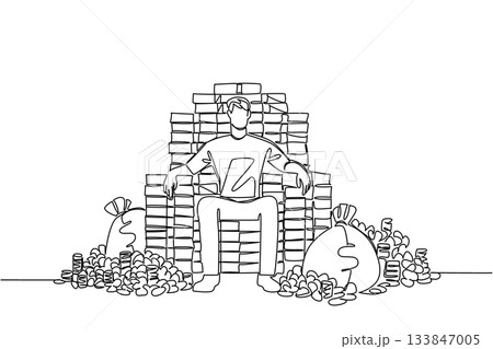 Continuous one line drawing a man sits on pile of banknotes and money bags that form throne of a king. The pinnacle of achievement. Be a Millionaire Day. Single line draw design vector illustration Continuous one line drawing a man sits on pile of banknotes and money bags that form throne of a king. The pinnacle of achievement. Be a Millionaire Day. Single line draw design vector illustration 133847005