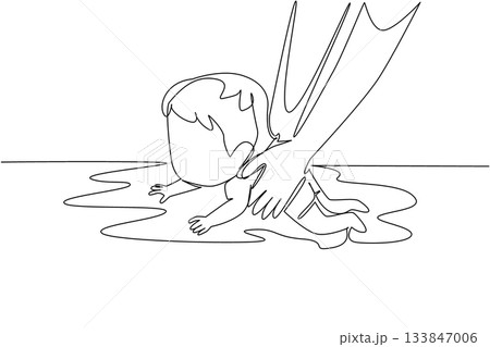 Continuous one line drawing hand holding baby girl learning to swim. Practice. Full supervision to avoid the worst. Instructor. National Learn to Swim Day. Single line draw design vector illustration 133847006