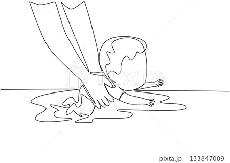 Single continuous line drawing hand holding baby boy learning to swim. Trained and trusted instructors. Train patiently. Exercise. National Learn to Swim Day. One line design vector illustration Single continuous line drawing hand holding baby boy learning to swim. Trained and trusted instructors. Train patiently. Exercise. National Learn to Swim Day. One line design vector illustration 133847009