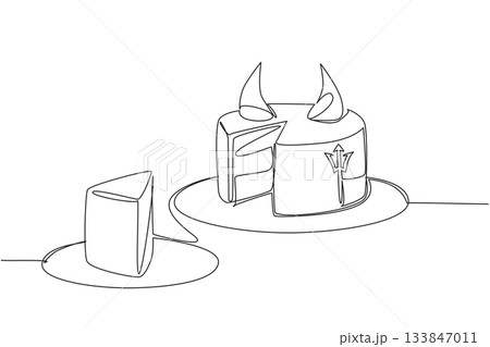 Single continuous line drawing food cake of devil cut with horn topping. A darker, denser cake with a sweeter taste. Culinary. Event. National Food of Devil Cake. One line design vector illustration Single continuous line drawing food cake of devil cut with horn topping. A darker, denser cake with a sweeter taste. Culinary. Event. National Food of Devil Cake. One line design vector illustration 133847011