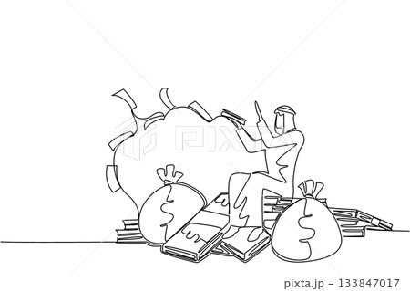 Single continuous line drawing an Arabian man sits on a pile of banknotes and throws banknotes. Smart work pays off. Maximum profit. Wealthy. Be a Millionaire Day. One line design vector illustration 133847017