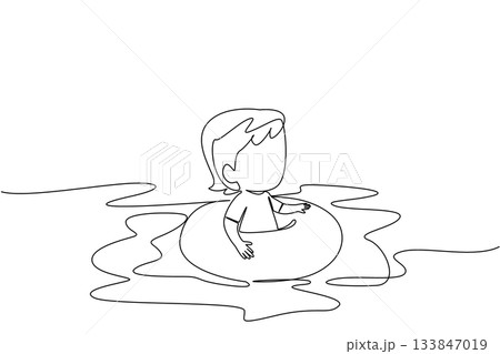 Single one line drawing baby girl wearing a swimming ring. First swimming experience for little one. Happy full of fun. Excited. National Learn to Swim Day. Continuous line design graphic illustration 133847019