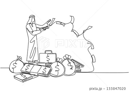 Single one line drawing Arab man stands on pile of banknotes and money bag throwing banknotes. Throwing money in the wrong place. Be a Millionaire Day. Continuous line design graphic illustration Single one line drawing Arab man stands on pile of banknotes and money bag throwing banknotes. Throwing money in the wrong place. Be a Millionaire Day. Continuous line design graphic illustration 133847020
