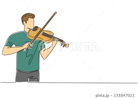 Single one line drawing a man in casual clothes playing the violin. The stunning performance of violinist during the dress rehearsal. World Fiddle Day. Continuous line design graphic illustration 133847021