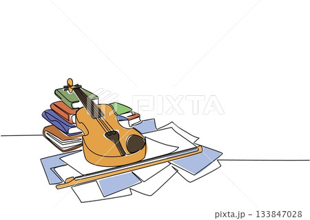 Single one line drawing violin on sheets of notation and stacks of old books. Looking inspiration for melodious tunes. Soothing chants. World Fiddle Day. Continuous line design graphic illustration 133847028