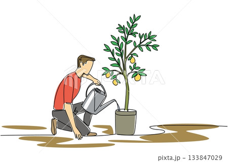 Single one line drawing a man watering a lemon tree in a pot using a watering can. Water it. Enjoy the results at harvest time. Plant a Lemon Tree Day. Continuous line design graphic illustration 133847029