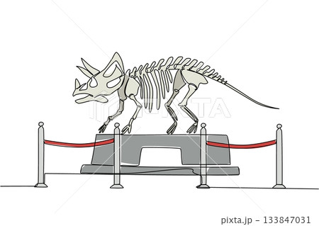 Single continuous line drawing triceratops dinosaur skeleton in museum room. Museum for learning. Studying the anatomy of bones. Extinct. International Museum Day. One line design vector illustration 133847031