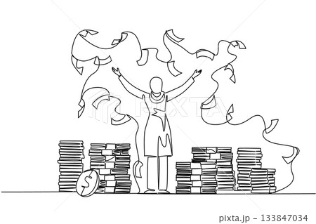 Single one line drawing back view, Arab woman stands with arms outstretched and throws the banknotes. Celebrating achievements. Rich. Be a Millionaire Day. Continuous line design graphic illustration Single one line drawing back view, Arab woman stands with arms outstretched and throws the banknotes. Celebrating achievements. Rich. Be a Millionaire Day. Continuous line design graphic illustration 133847034