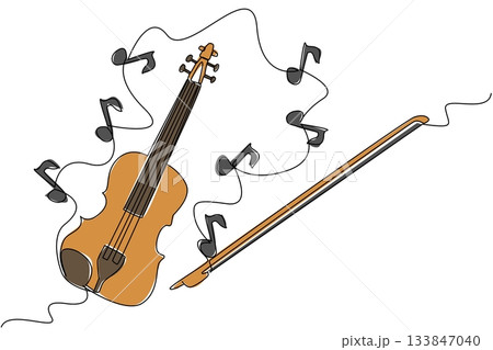Continuous one line drawing violin with strings and around it there are many scattered musical note signs. Produces harmonious tones. World Fiddle Day. Single line draw design vector illustration 133847040