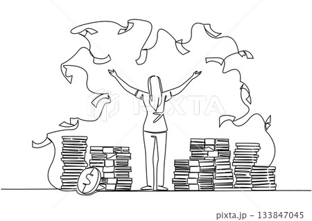Single continuous line drawing back view, a woman stands with arms outstretched and throws the banknotes. Increasing annual income. Wealth. Be a Millionaire Day. One line design vector illustration Single continuous line drawing back view, a woman stands with arms outstretched and throws the banknotes. Increasing annual income. Wealth. Be a Millionaire Day. One line design vector illustration 133847045