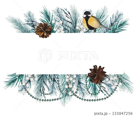 Hand drawn frame of spruce branches, fir cones, great tit. Watercolor illustration. Perfect for winter invitations. Hand drawn frame of spruce branches, fir cones, great tit. Watercolor illustration. Perfect for winter invitations. 133847256