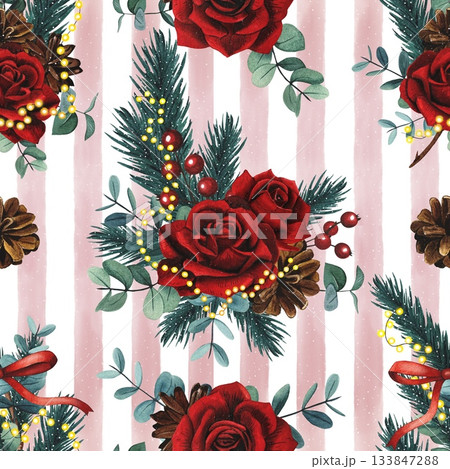 Hand drawn Christmas seamless pattern with red roses, eucalyptus branches, red berries, fir branches, cone. Watercolor illustration. 133847288