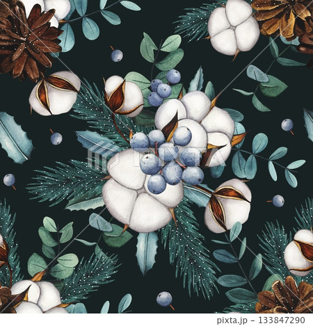 Hand drawn Christmas seamless pattern with cotton, blue berries,fir cones, eucalyptus. Watercolor illustration Hand drawn Christmas seamless pattern with cotton, blue berries,fir cones, eucalyptus. Watercolor illustration 133847290