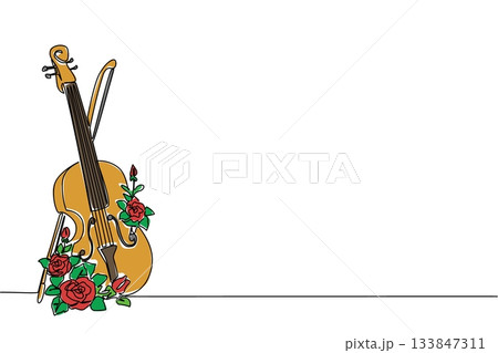 Single continuous line drawing the violin is in a standing position with flowers around it. Heart touching romantic music. Symbolism. Melody. World Fiddle Day. One line design vector illustration 133847311