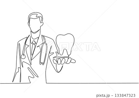Continuous one line drawing male doctor holding a large tooth and pointing it forward. Example of well maintained teeth. Maintenance. National Dentist Day. Single line draw design vector illustration Continuous one line drawing male doctor holding a large tooth and pointing it forward. Example of well maintained teeth. Maintenance. National Dentist Day. Single line draw design vector illustration 133847323