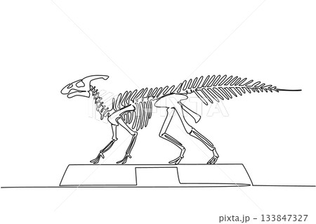 Single one line drawing Parasaurolophus dinosaur skeleton in museum room. Extinct animal with characteristic giant crested kash. International Museum Day. Continuous line design graphic illustration 133847327