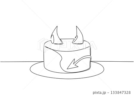 Continuous one line drawing food of devil cake with horn topping and tail on the side. The deliciousness behind the density. National Food of Devil Cake. Single line draw design vector illustration 133847328