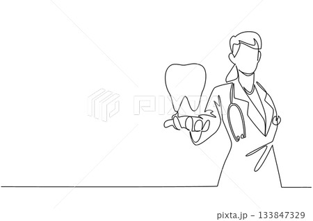 Single one line drawing female doctor holding a large tooth and pointing it forward. Young doctor gives an example of healthy teeth. National Dentist Day. Continuous line design graphic illustration Single one line drawing female doctor holding a large tooth and pointing it forward. Young doctor gives an example of healthy teeth. National Dentist Day. Continuous line design graphic illustration 133847329
