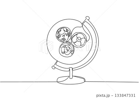Single continuous line drawing a globe with a round plate in the middle containing 3 cupcakes. A practical and delicious dessert. Sweet. Filling. World Baking Day. One line design vector illustration 133847331