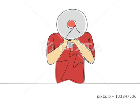 Single one line drawing man holding megaphone with both hands, and his head covered by megaphone. Loudness aids. Announce. Speech. National Be Heard Day. Continuous line design graphic illustration Single one line drawing man holding megaphone with both hands, and his head covered by megaphone. Loudness aids. Announce. Speech. National Be Heard Day. Continuous line design graphic illustration 133847336