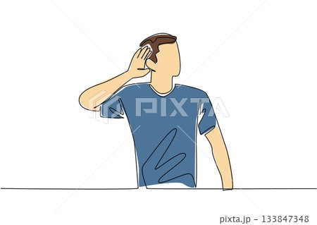 Continuous one line drawing man in casual clothes puts his hand behind his ear. A mocking gesture. Like a goal celebration. No sound. National Be Heard Day. Single line draw design vector illustration 133847348