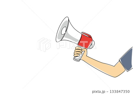 Single one line drawing a hand in casual clothes is holding a megaphone. A tool to help many people hear. Important announcement. National Be Heard Day. Continuous line design graphic illustration 133847350